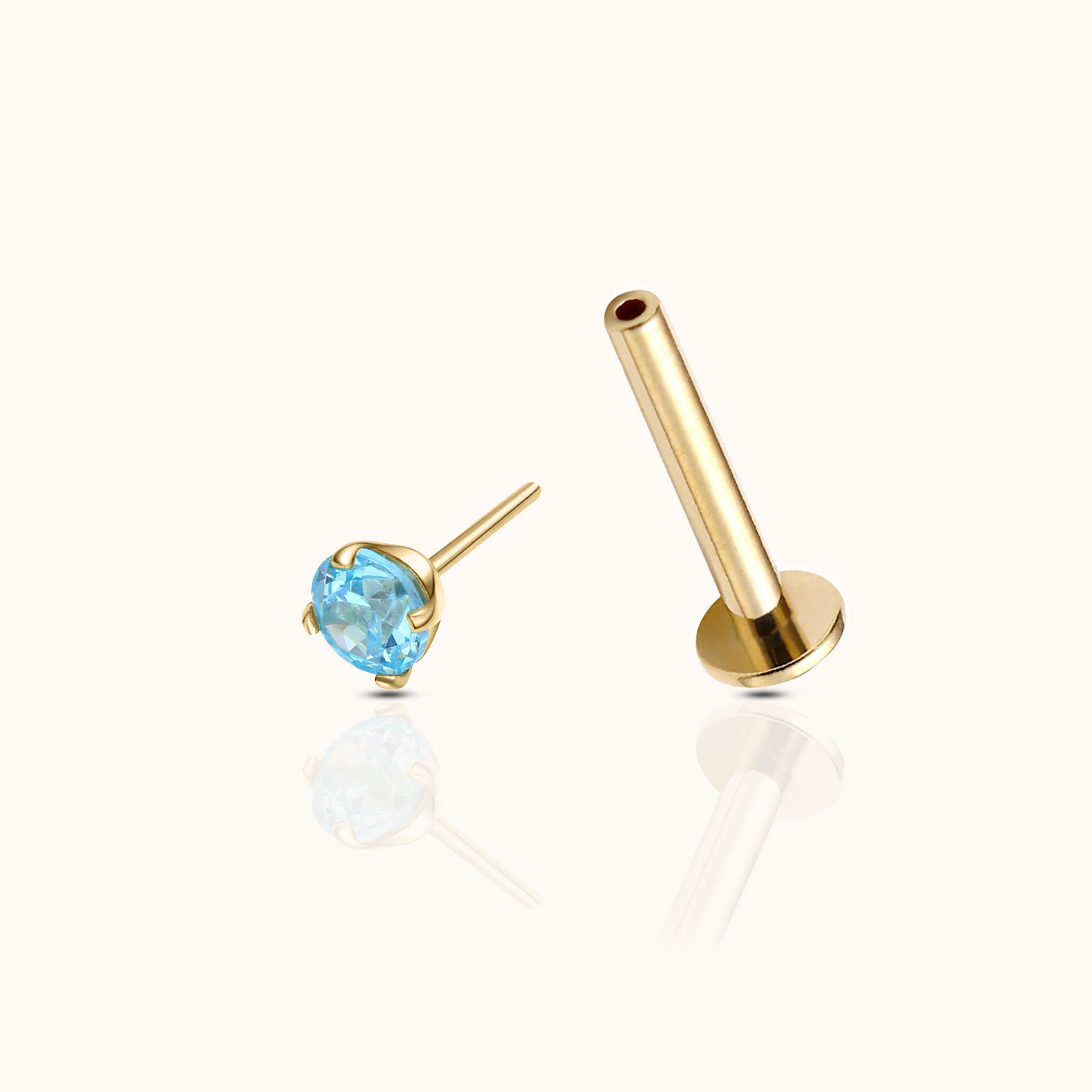 14K Solid Gold 3mm Aquamarine CZ Threadless Labret Flat Back Earring