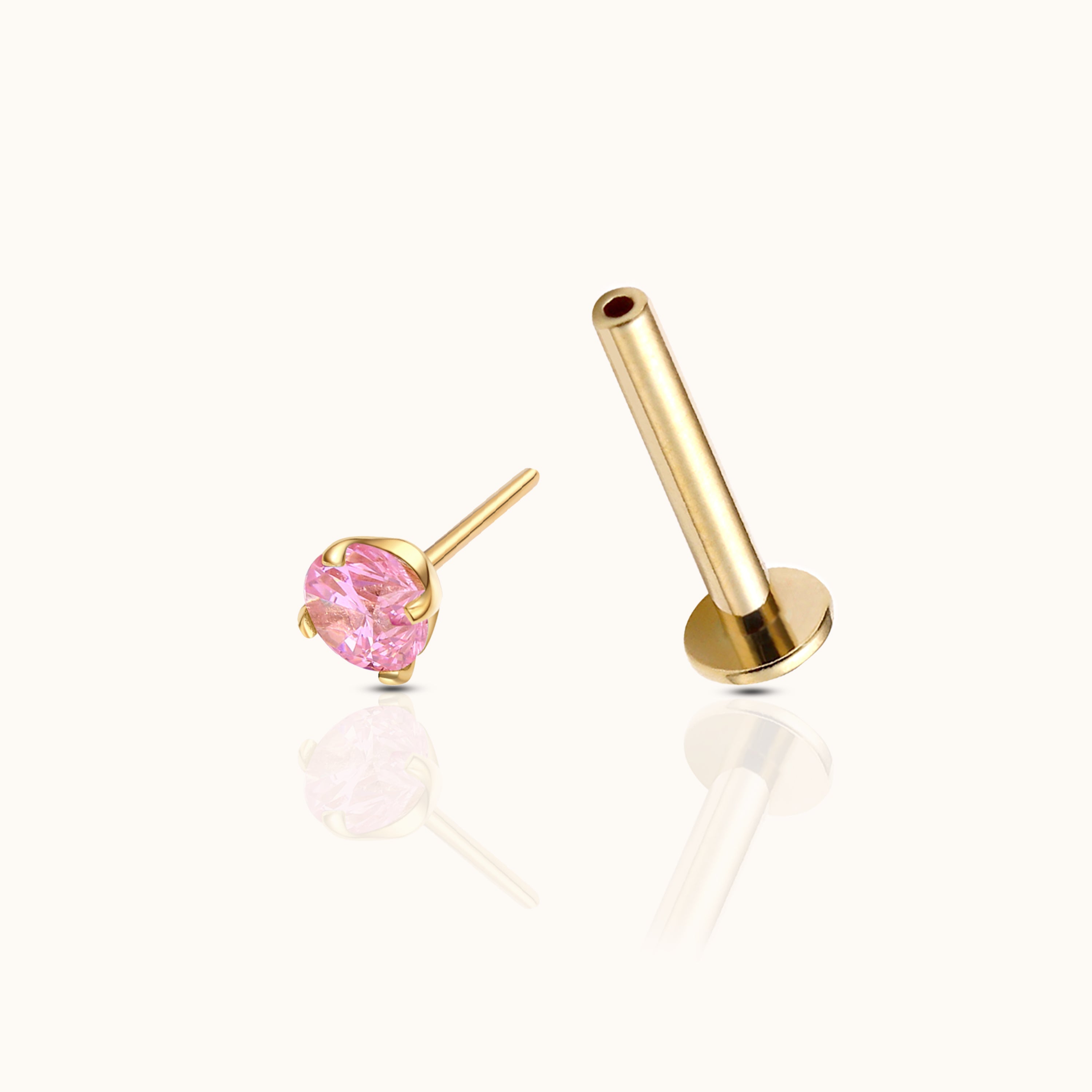 14K Solid Gold 3mm Pink CZ Threadless Labret Flat Back Earring