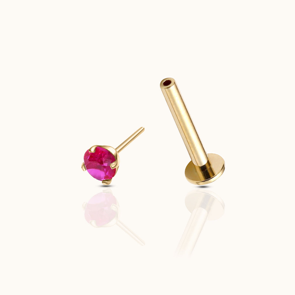 14K Solid Gold 3mm Ruby CZ Threadless Labret Flat Back Earring