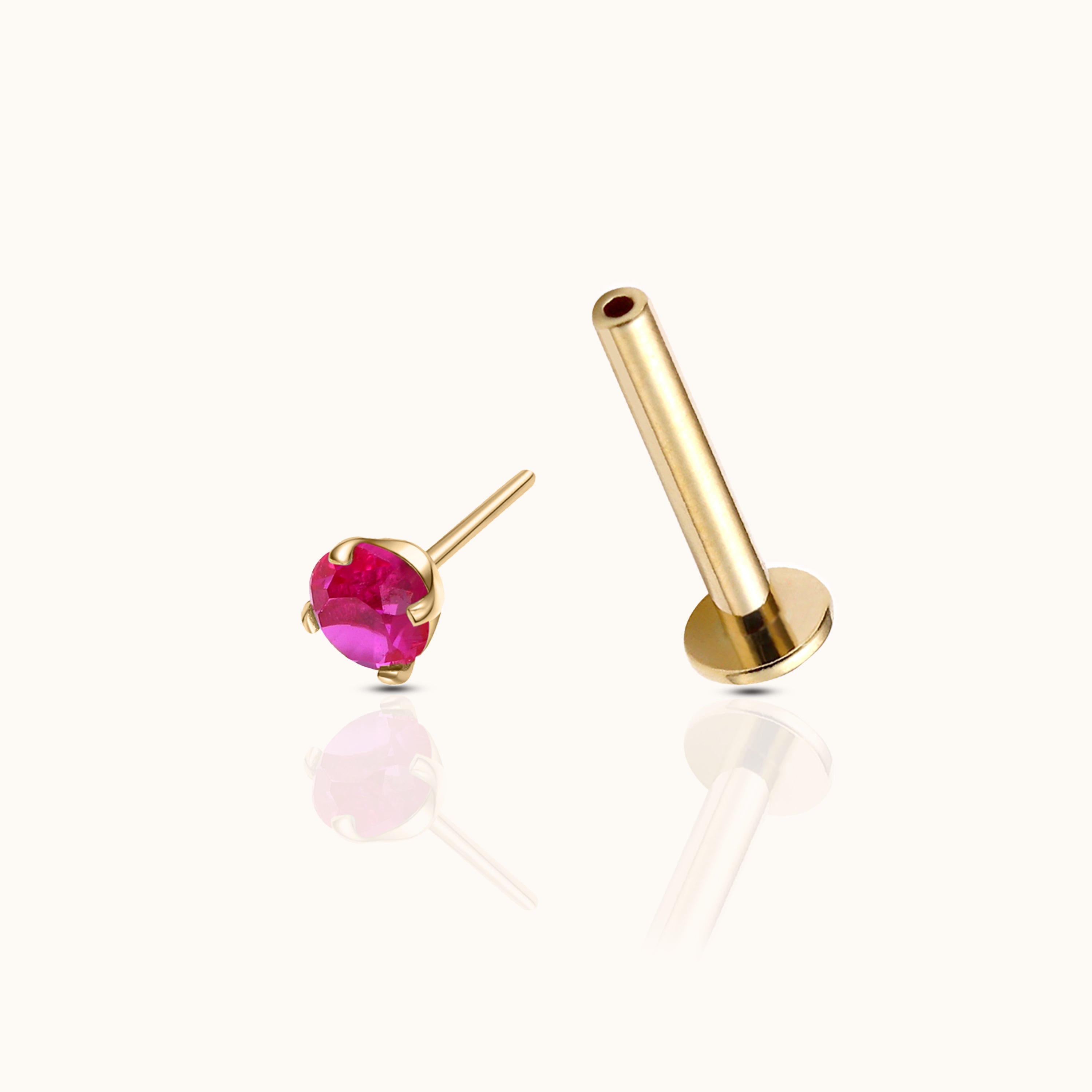 14K Solid Gold 3mm Ruby CZ Threadless Labret Flat Back Earring