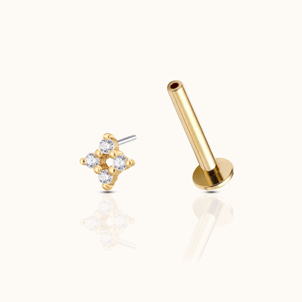 14K Solid Gold Four-point Cluster CZ Threadless Labret Flat Back Earring