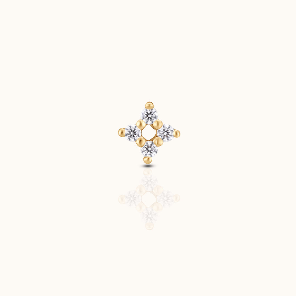 14K Solid Gold Four-point Cluster CZ Threadless Labret Flat Back Earring