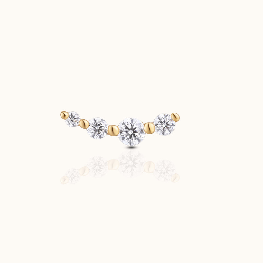 14K Solid Gold Graduated CZ Wave Arc Climber Threadless Labret Flat Back Earring