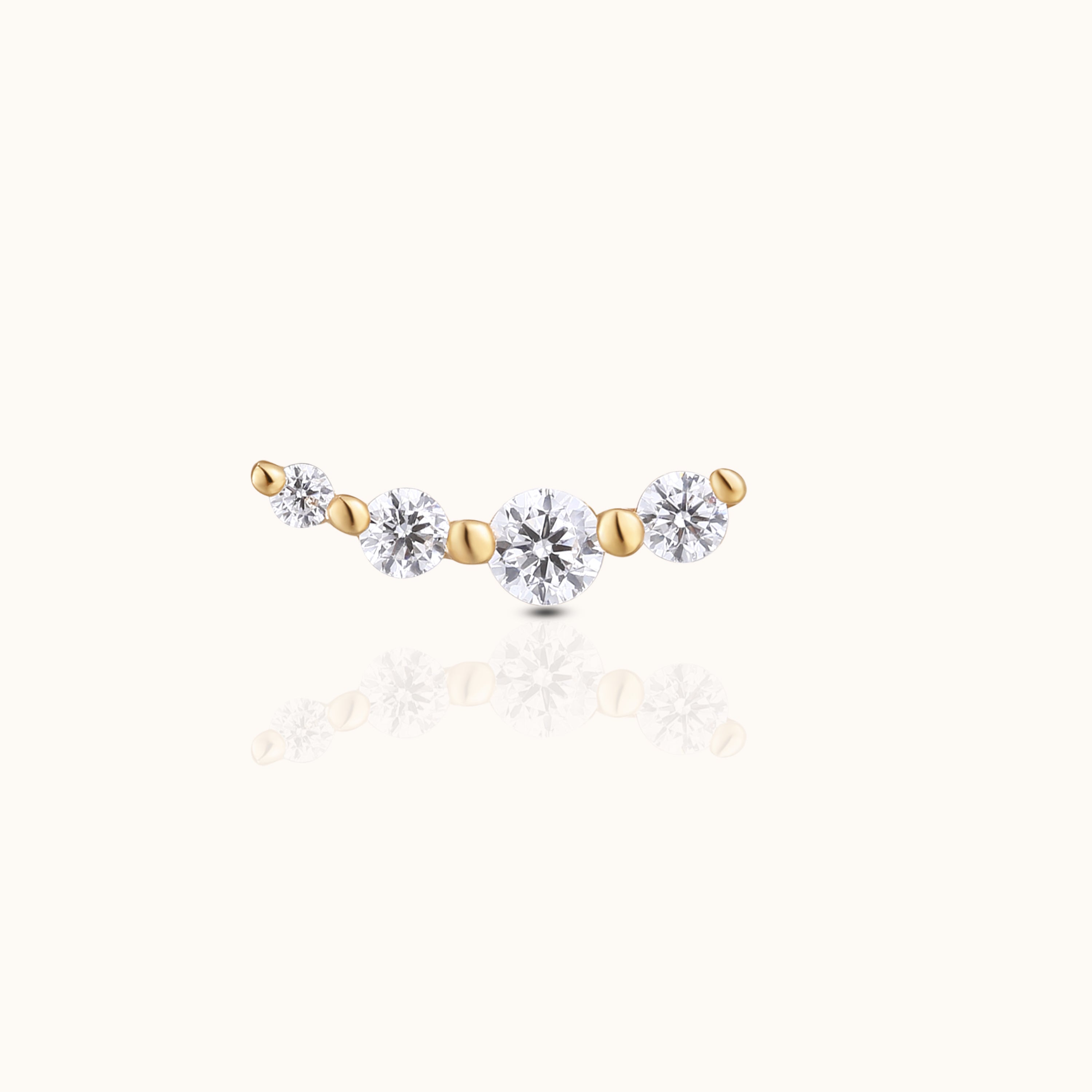 14K Solid Gold Graduated CZ Wave Arc Climber Threadless Labret Flat Back Earring