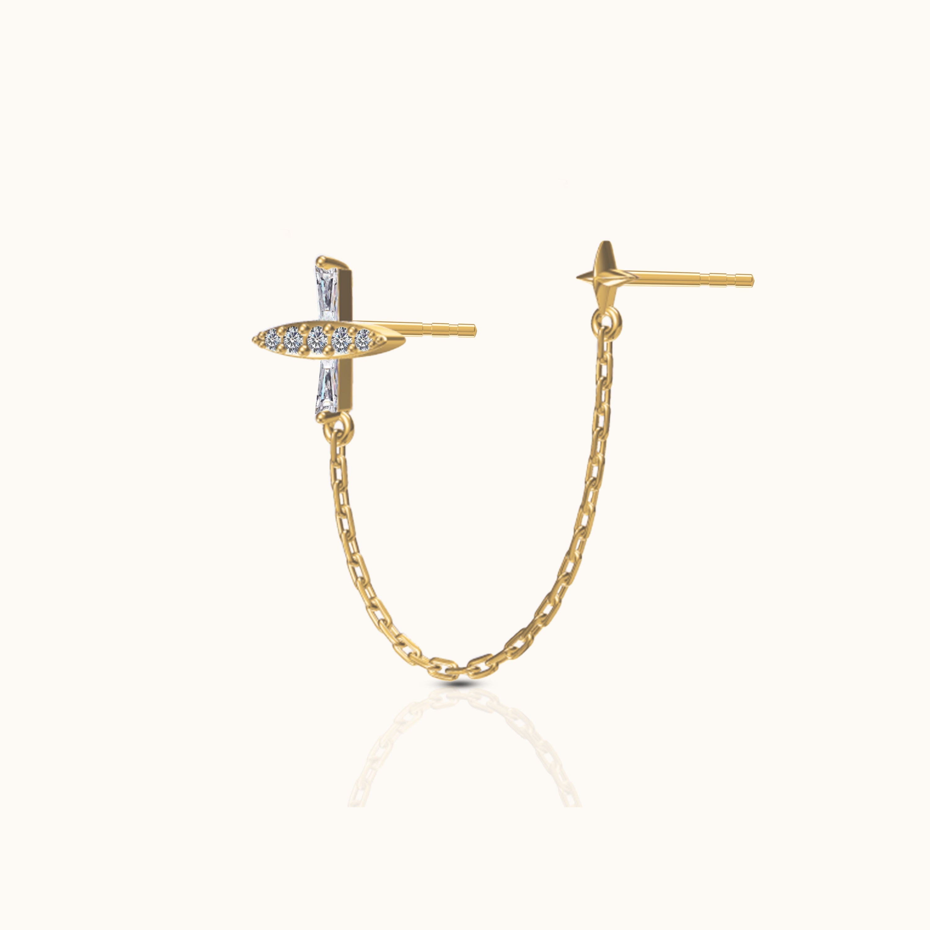Celestial Star and Trapezoid CZ Cross Double Stud Chain Dangle Earring