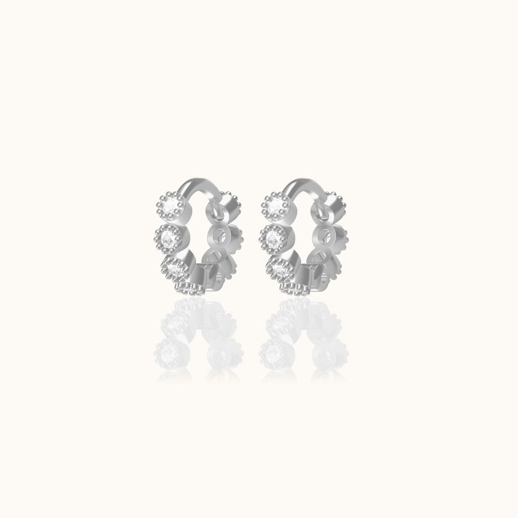 Crystal White CZ Bezel Set Bead Mini Hoop Earrings
