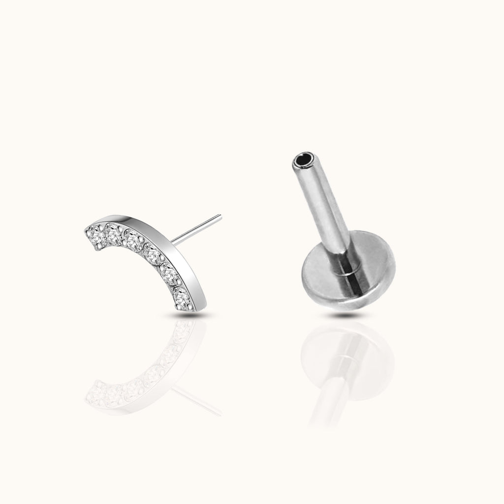 Smiley Curved Bridge White CZ Threadless Labret Titanium Flat Back Earring