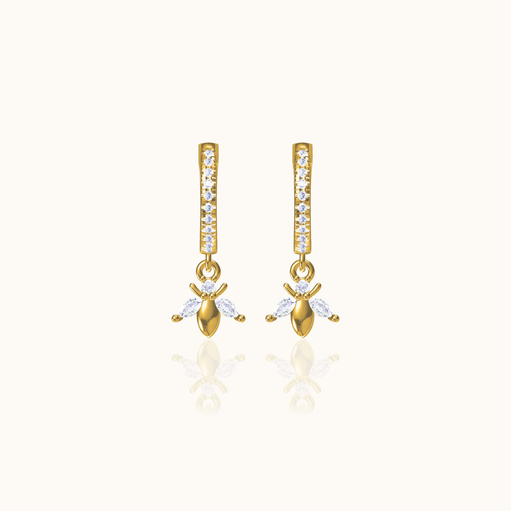 Dainty Bee Hoop Earrings with White Stone