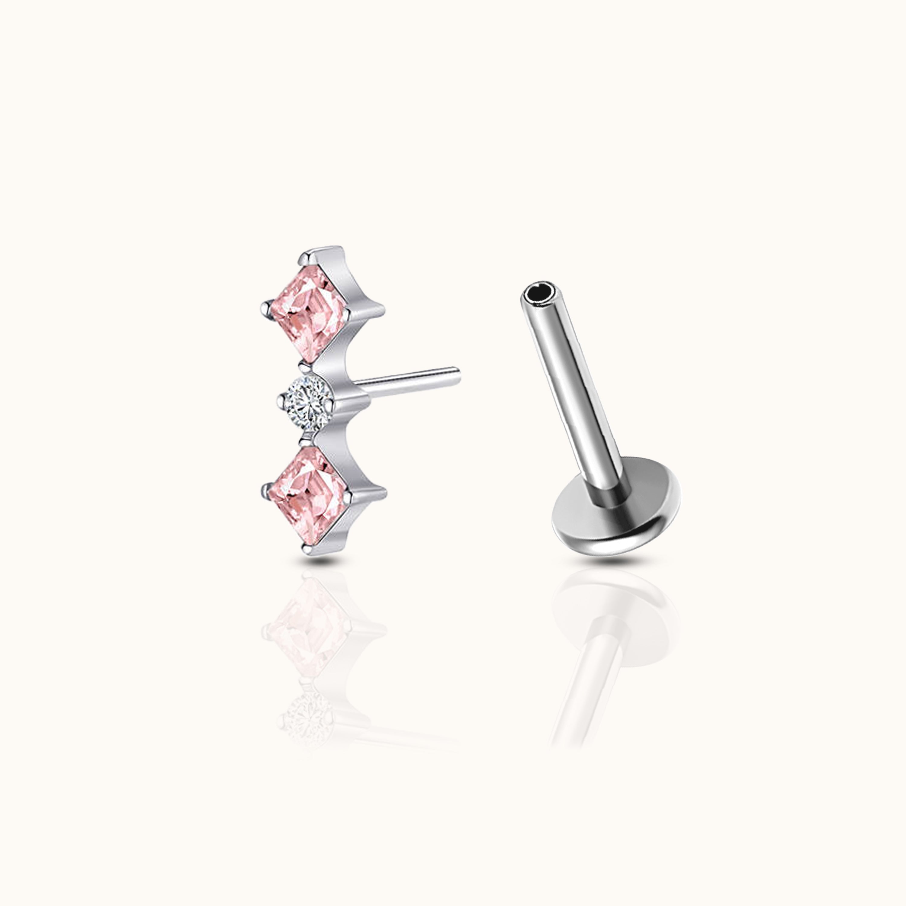Diamond Shaped Pink CZ Bar Threadless Labret Titanium Flat Back Earring