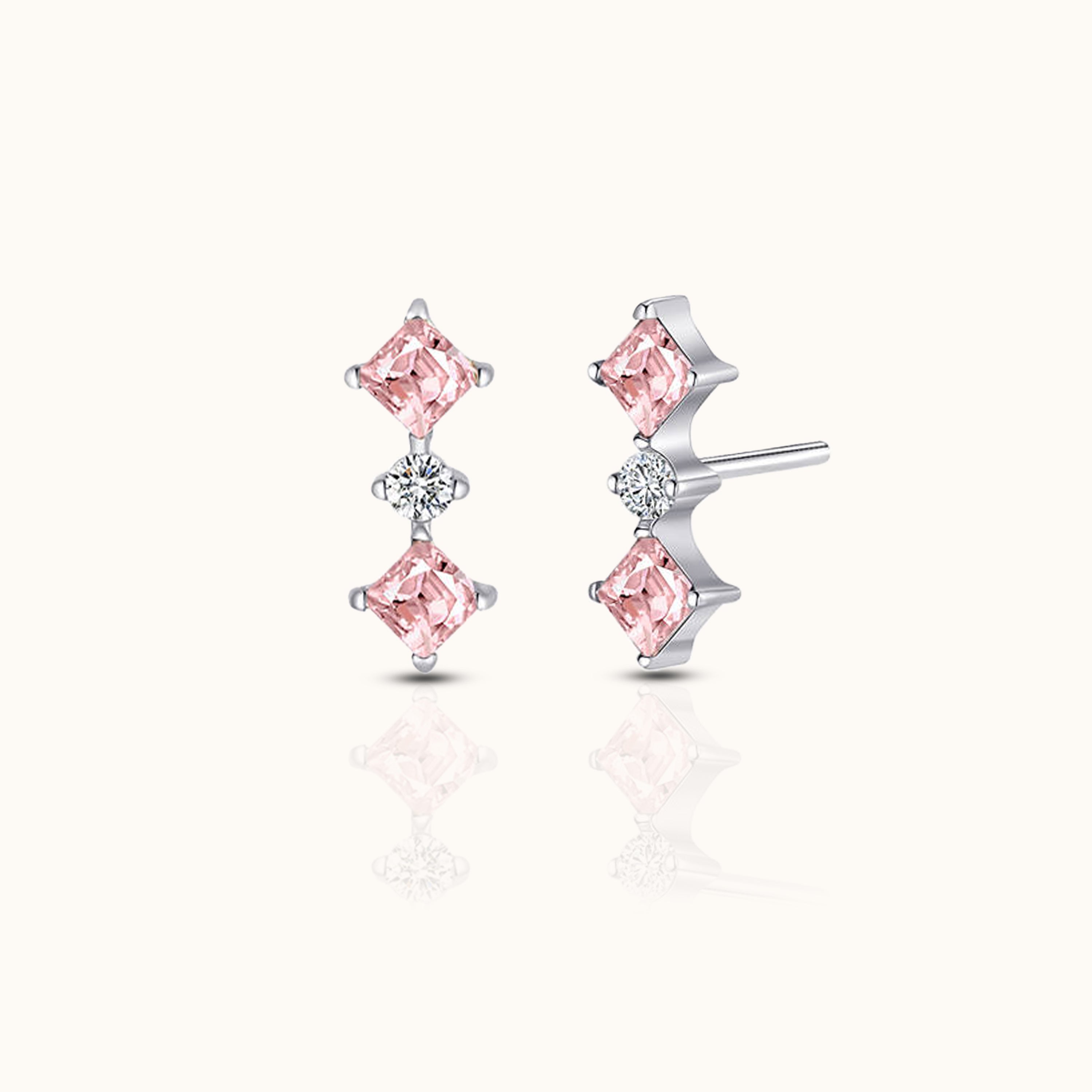 Diamond Shaped Pink CZ Bar Threadless Labret Titanium Flat Back Earring