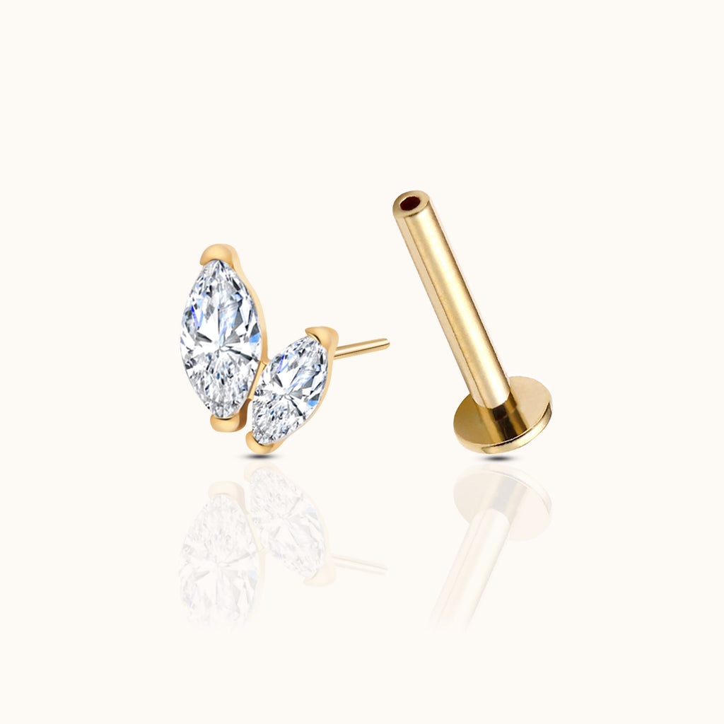 Graduated Double Marquise CZ Threadless Labret Titanium PVD Gold Flat Back Earring