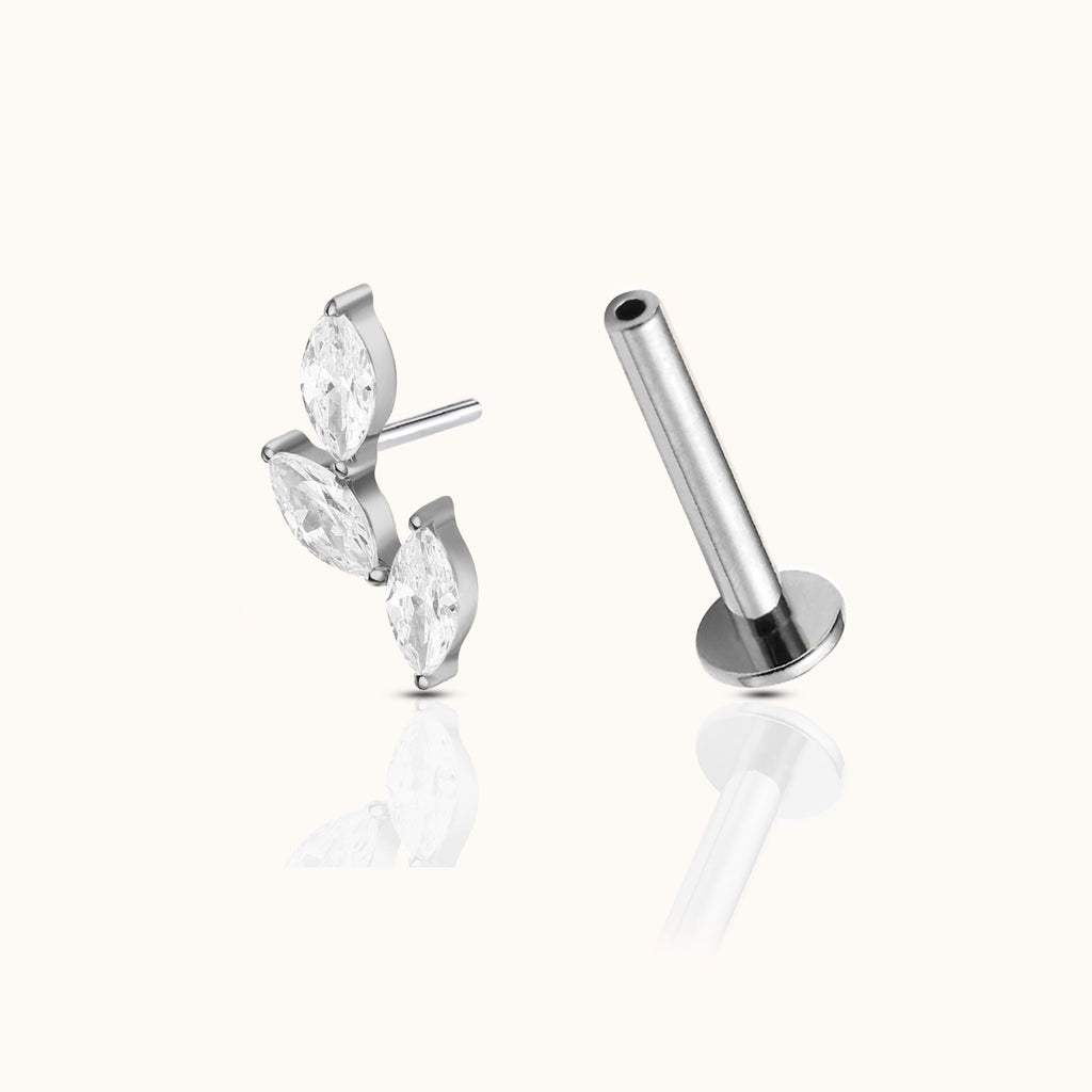 Oval CZ Leaves Branch Threadless Labret Titanium Flat Back Earring