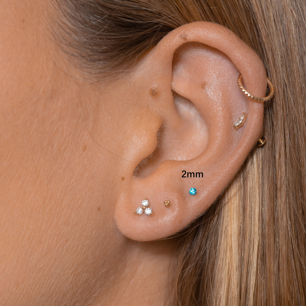 14K Solid Gold 2mm White CZ Threadless Labret Flat Back Earring