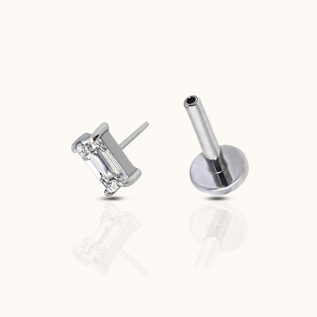 Rectangle CZ Threadless Labret Titanium Flat Back Earring