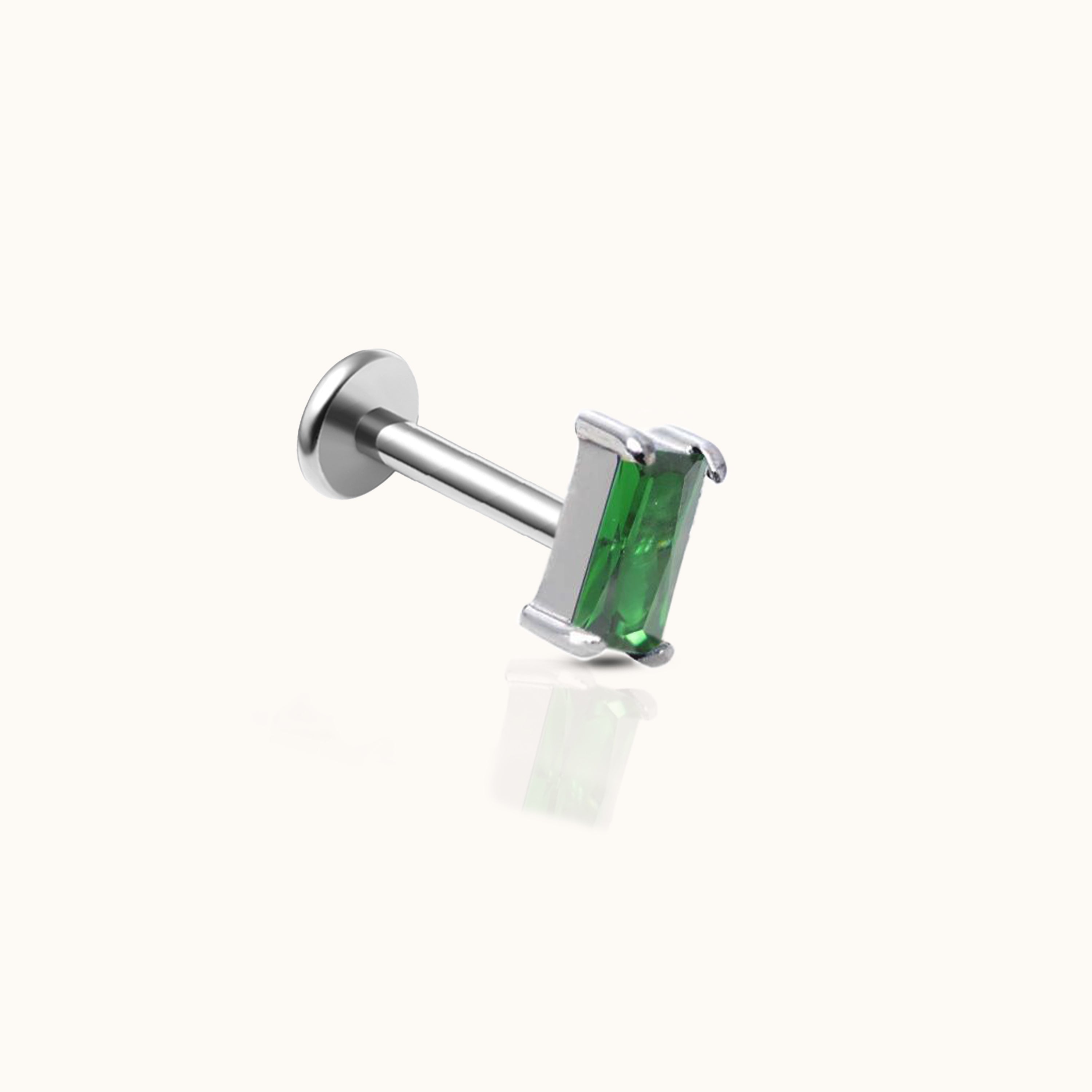 Rectangle Green CZ Threadless Labret Titanium Flat Back Earring
