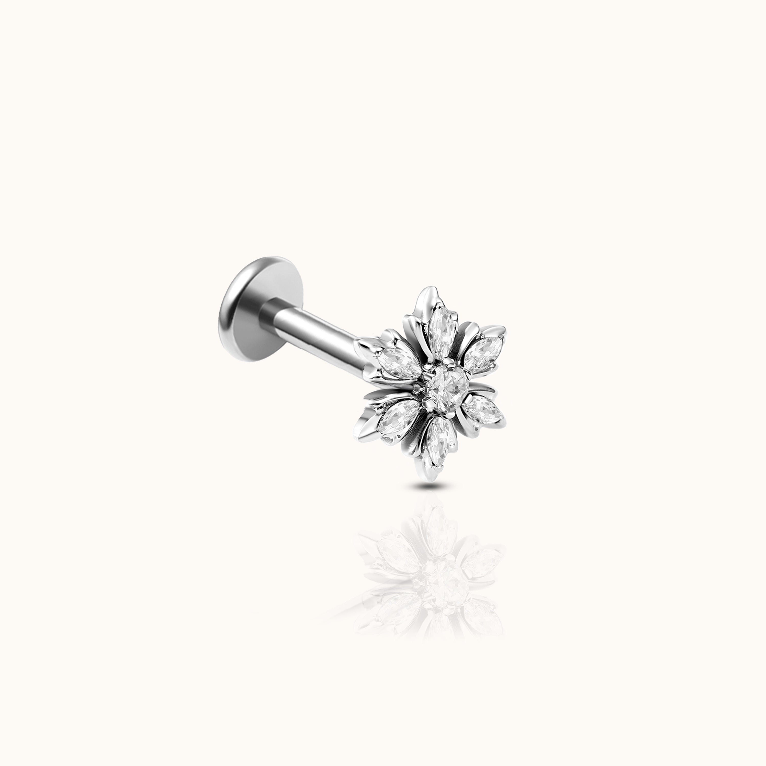 Snowflake White CZ Threadless Labret Titanium Flat Back Earring