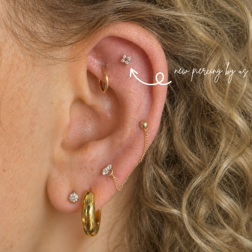 14K Solid Gold Four-point Cluster CZ Threadless Labret Flat Back Earring